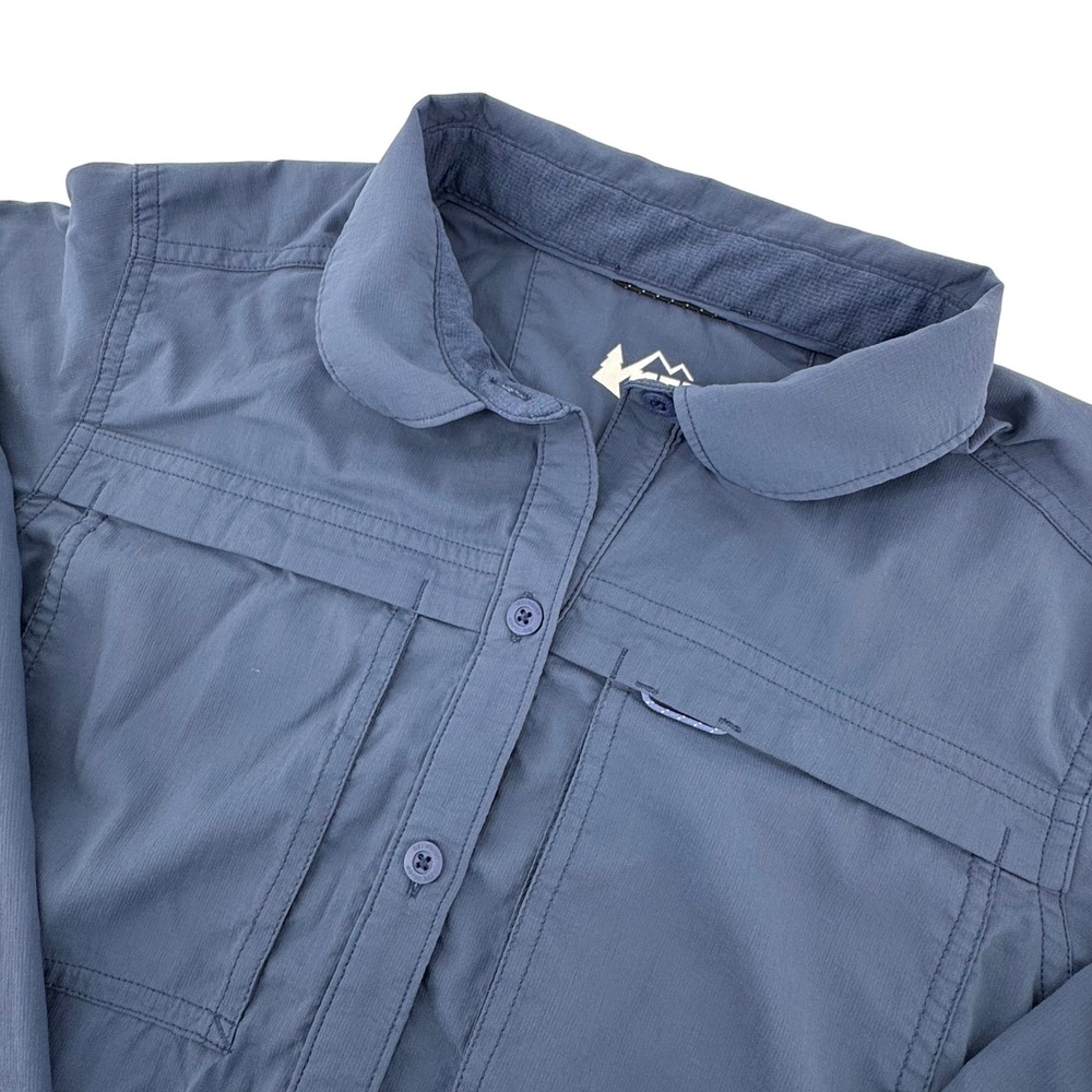 REI Co-op Button Front Shirt Womens Small Blue L/S Hiking Roll Tab Vented Back